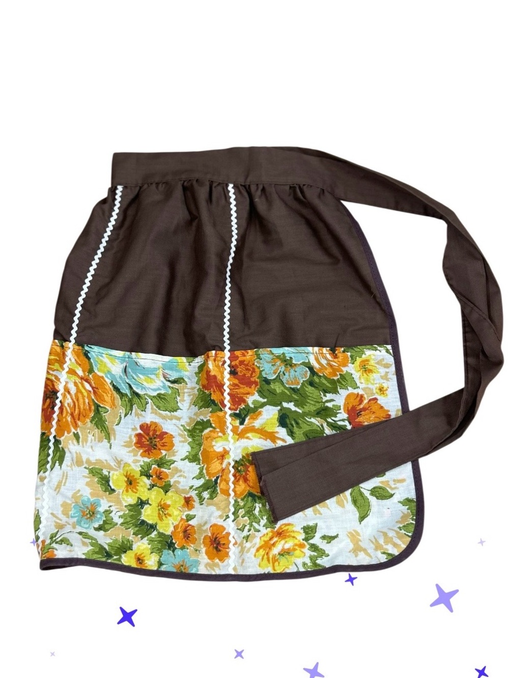 VTG 1970s Reversible Brown & Orange Floral Half Apron Pockets Fall Reversible OS